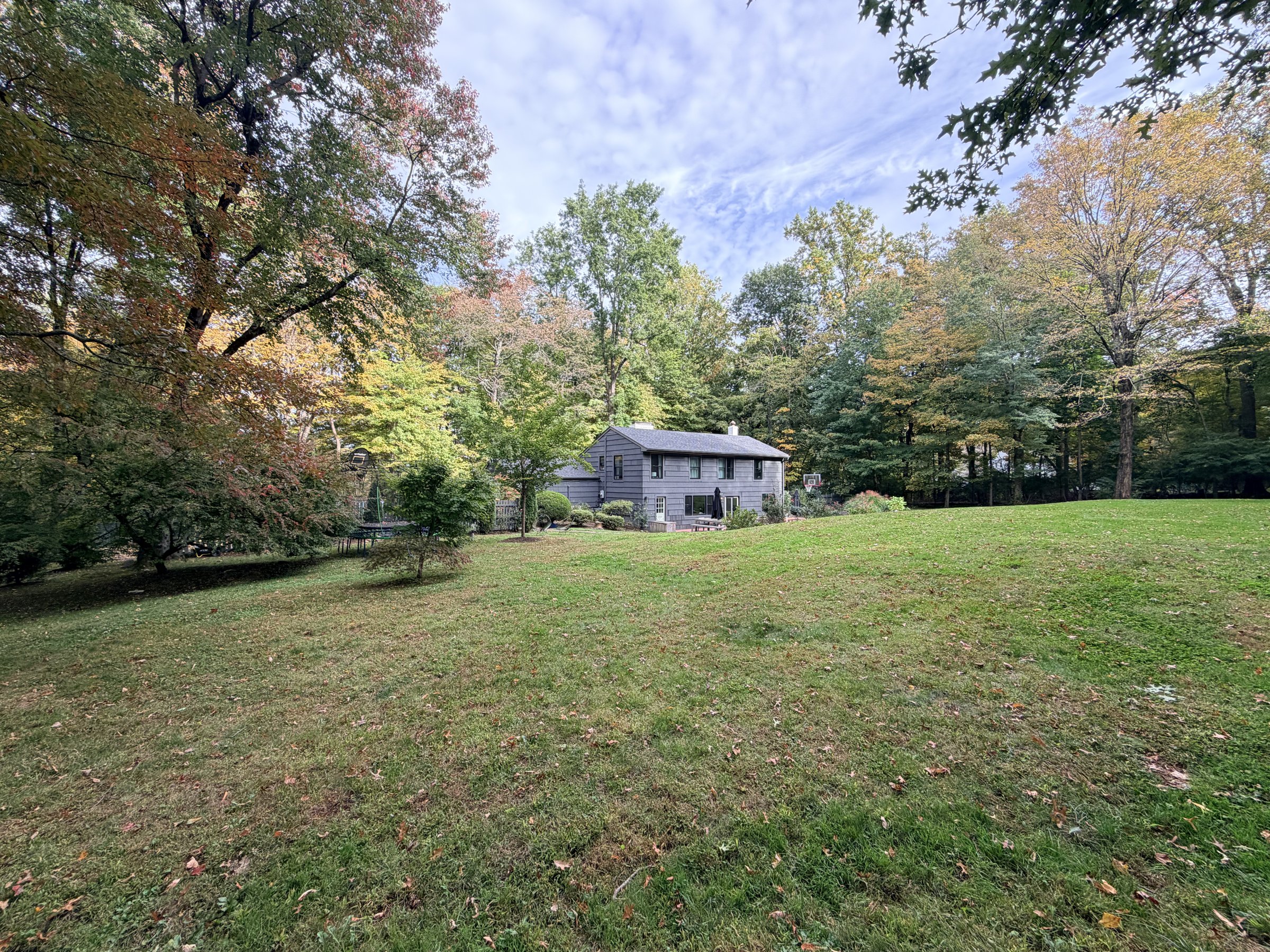 Charcoal-sided house set back on a lawn among mature trees